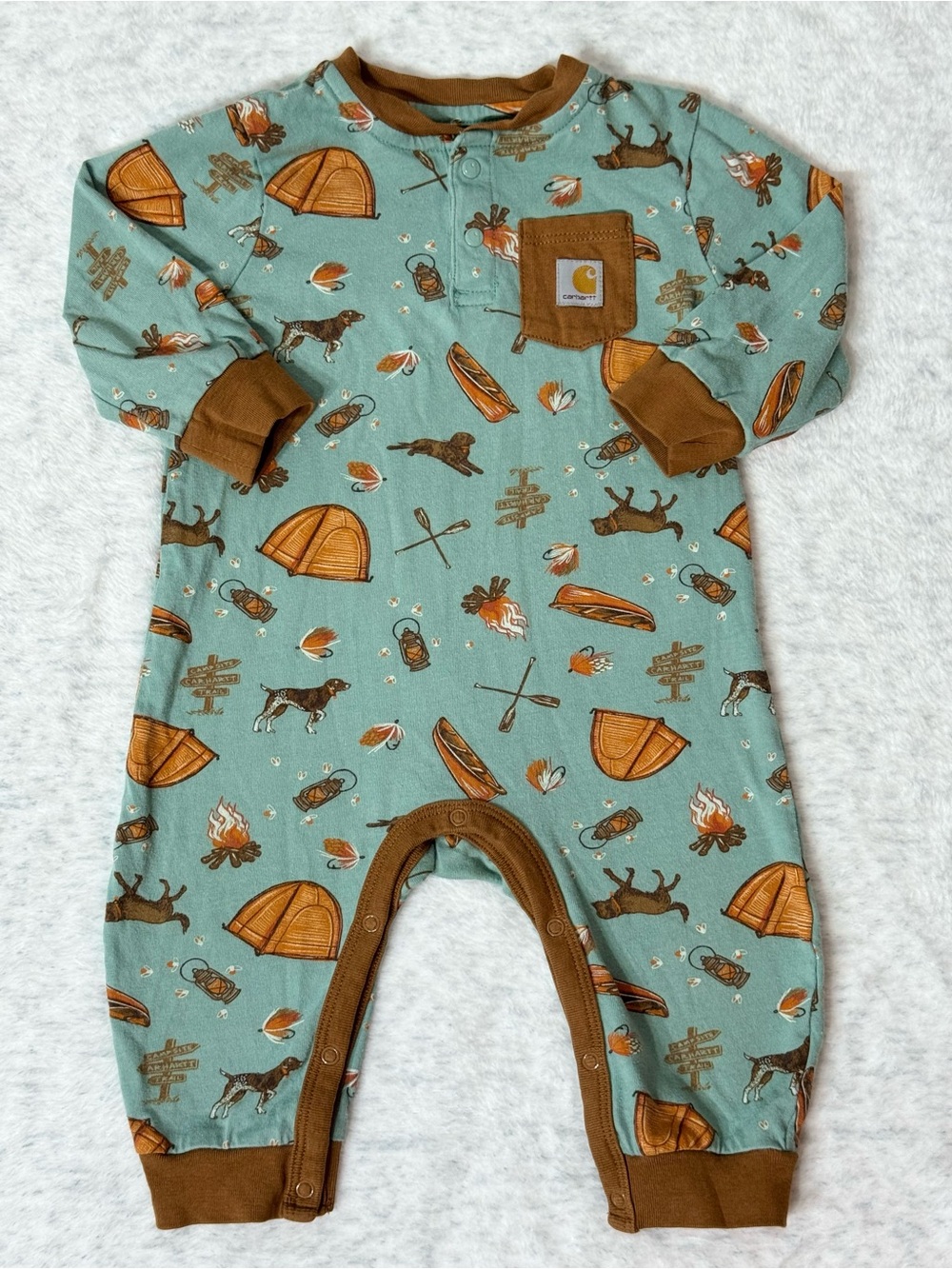 Carhartt Baby Camping Outdoors Canoe Campfire Romper 6M Cotton Coverall Neutral